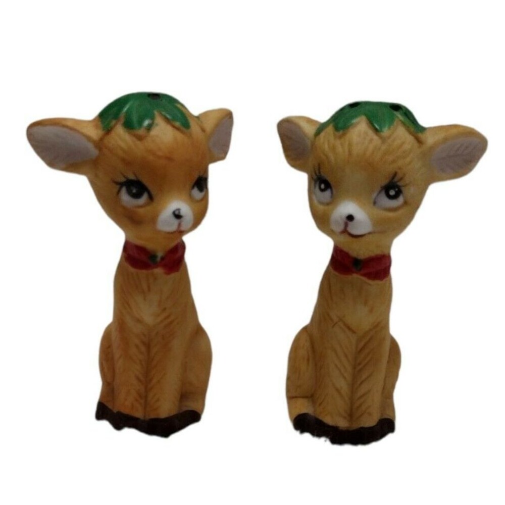 Vintage Deer Fawns Salt Pepper Shaker Christmas Brown Red Green 3.5" JSNY